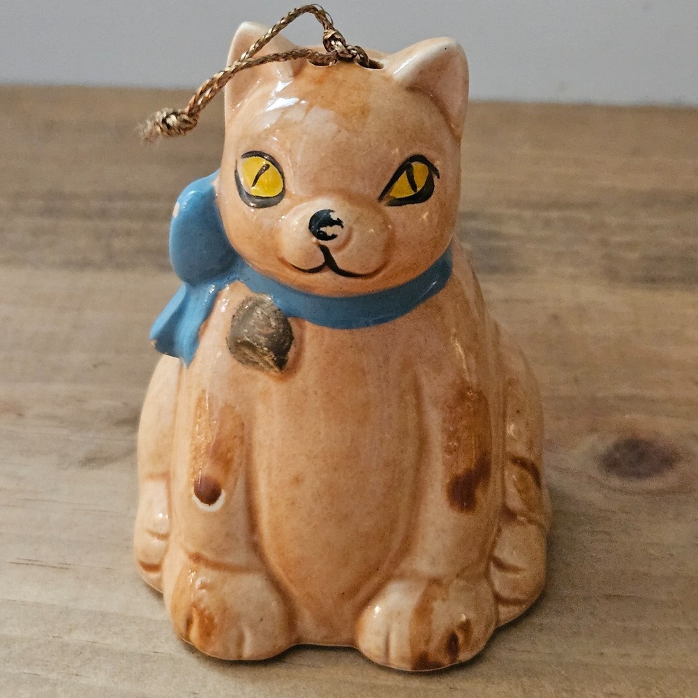 Vintage Ceramic Cat Bell Ornament Blue Bow Tan‎ Kitty Japan Style Hanging Decor